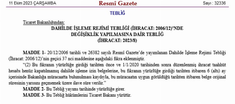 İhracatçılara ek süre fırsatı! Dahilde İşleme Rejimi tebliğinde değişiklik