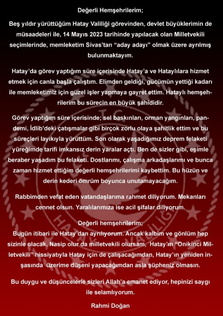 Hatay Valisi ‘aday adaylığı’ için istifa etti