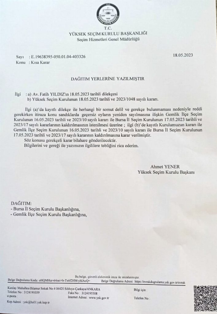 YSK’dan Gemlik kararı