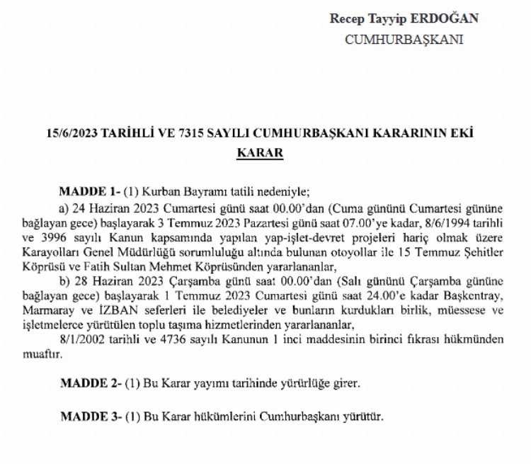 Bayramda otoyollar ve köprüler ücretsiz