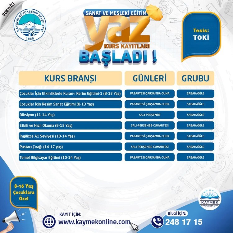 KAYMEK yaz dönemi kayıtları başladı