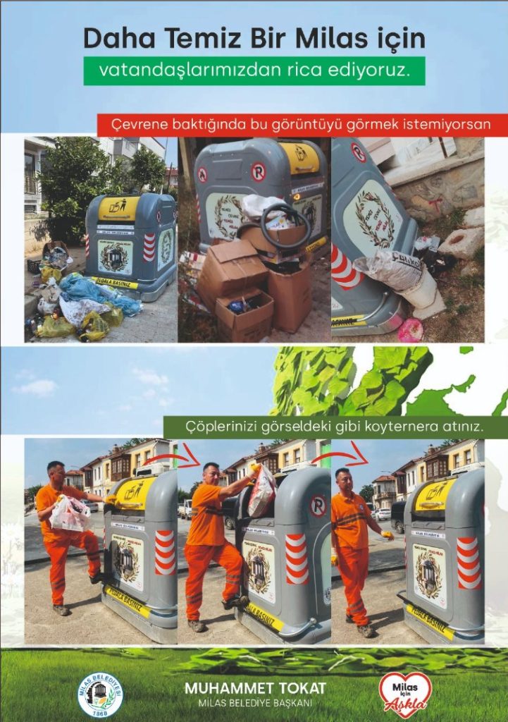 Milaslılar çöplerini konteynerin içine atıyor