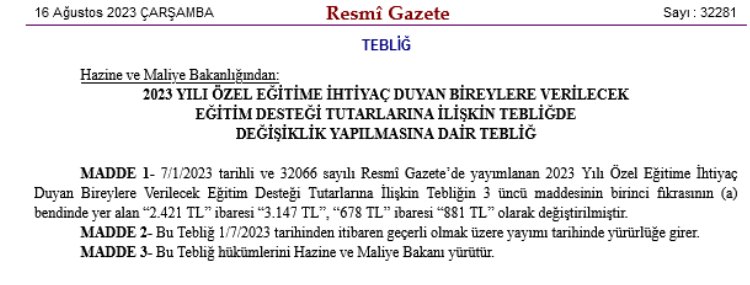 Özel eğitime destek tutarları güncellendi