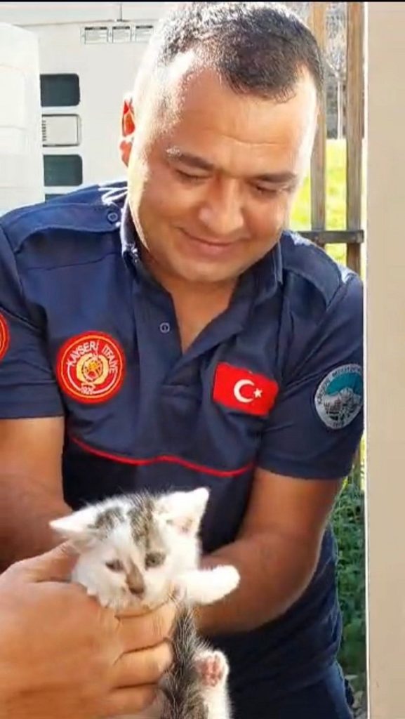 Kayseri itfaiyesinden yavru kediye şefkat eli