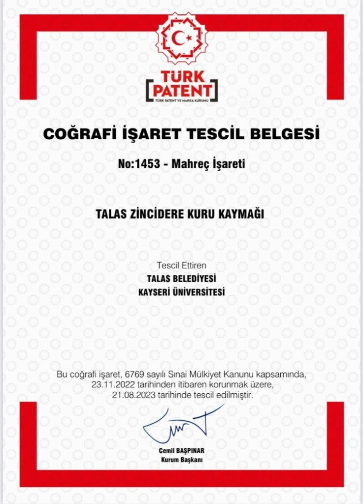 Kayseri Talas Zincidere Kuru Kaymağı tescil edildi