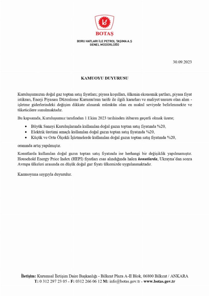 Doğal gazda ekim tarifesi belli oldu