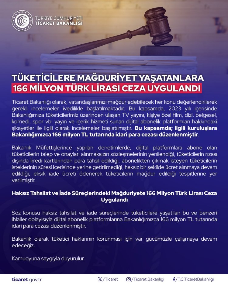 Dijital abonelik platformlarına Ticaret’ten 166 milyon TL idari ceza!
