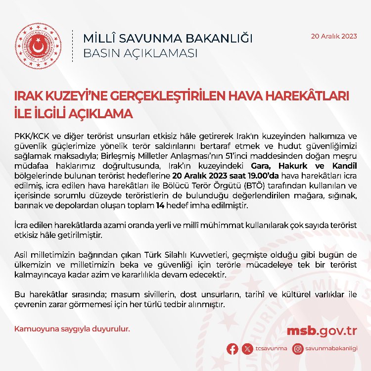 Irak’ın kuzeyinde hava harekatı… Havadan 14 hedef imha edildi!