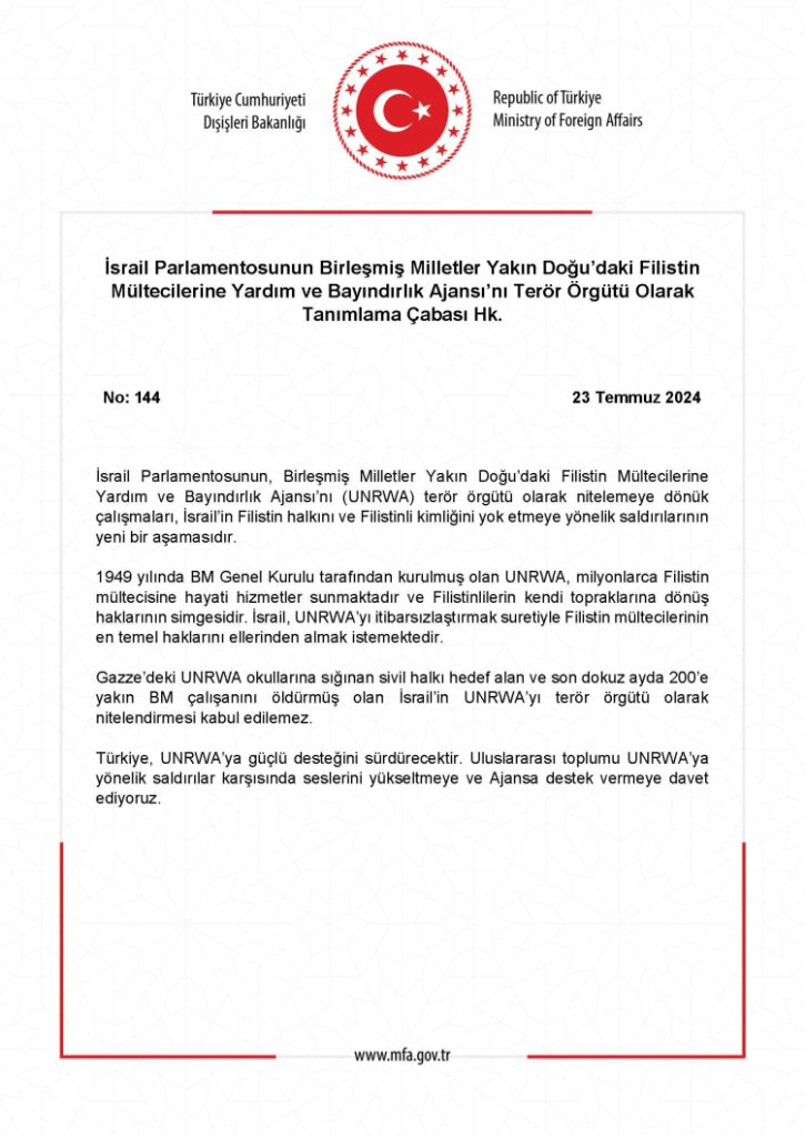 Dışişleri’nden İsrail’e UNRWA tepkisi!