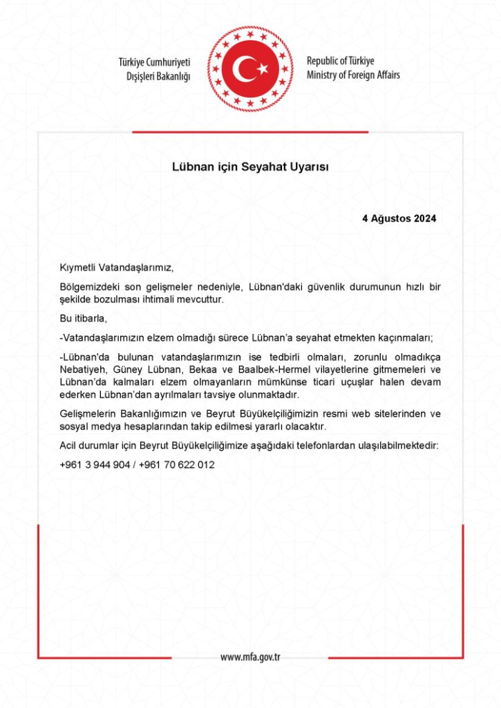 Türkiye’den Lübnan’a seyahat uyarısı!