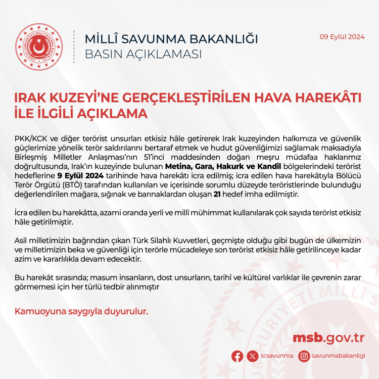 Irak’ın kuzeyine hava harekâtı! 21 hedef imha!