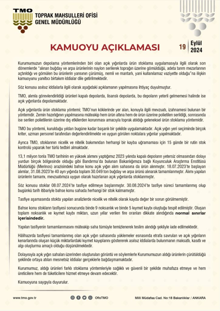 Ürünlerin çürütüldüğü iddialarına TMO’dan yanıt