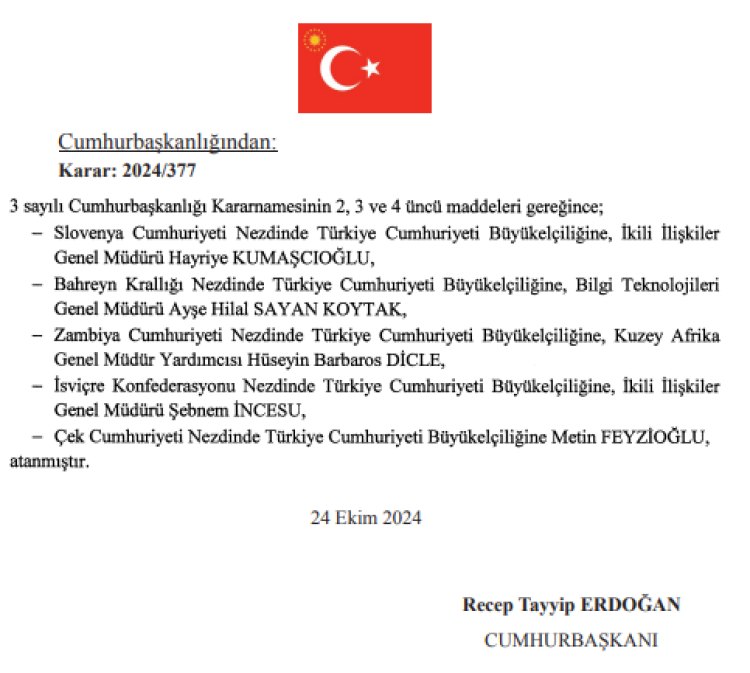 Büyükelçi atamaları yapıldı…Feyzioğlu Çek Cumhuriyeti büyükelçiliğine atandı