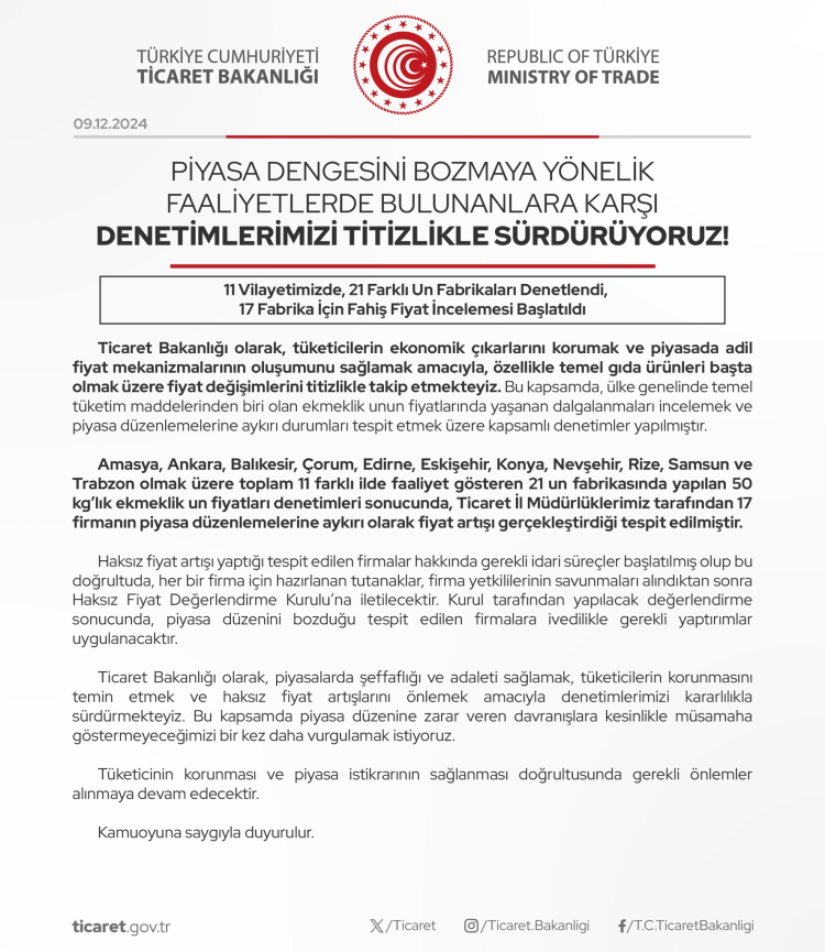 11 ilde 17 un fabrikasına fahiş fiyat incelemesi!