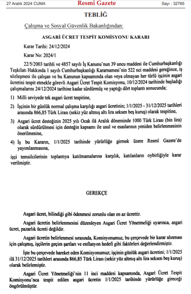 Asgari ücret kararı bugünkü Resmi Gazete’de
