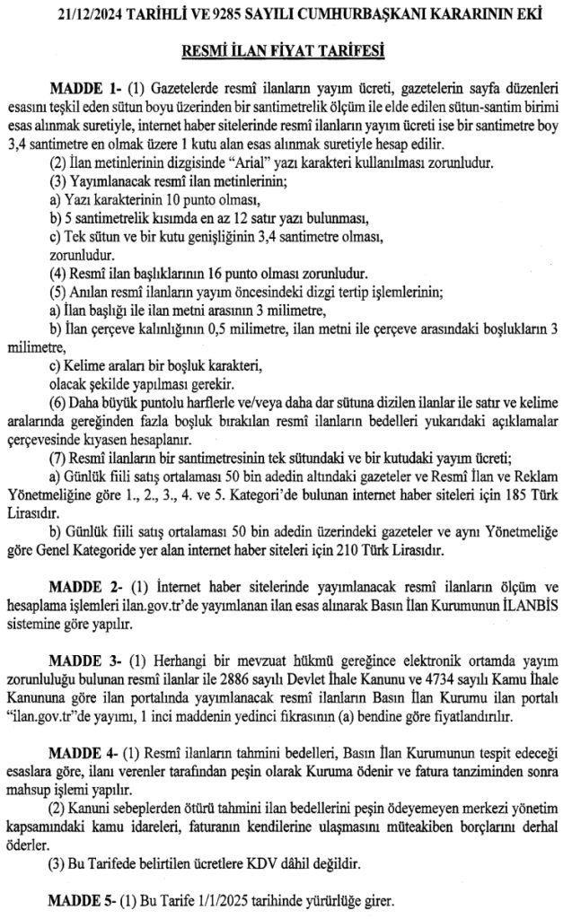 BiK’in yeni ilan tarifesi ‘Resmi’leşti!