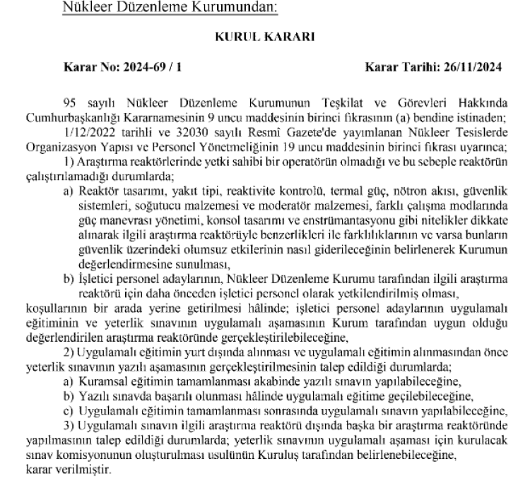 Nükleer Düzenleme Kurumu kurul kararı Resmi Gazete’de