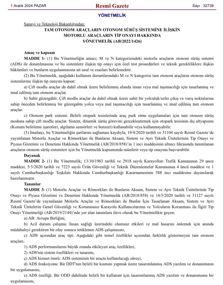 Türkiye otonom araçlara hazırlanıyor… Yönetmelikle yasallığı belirlendi