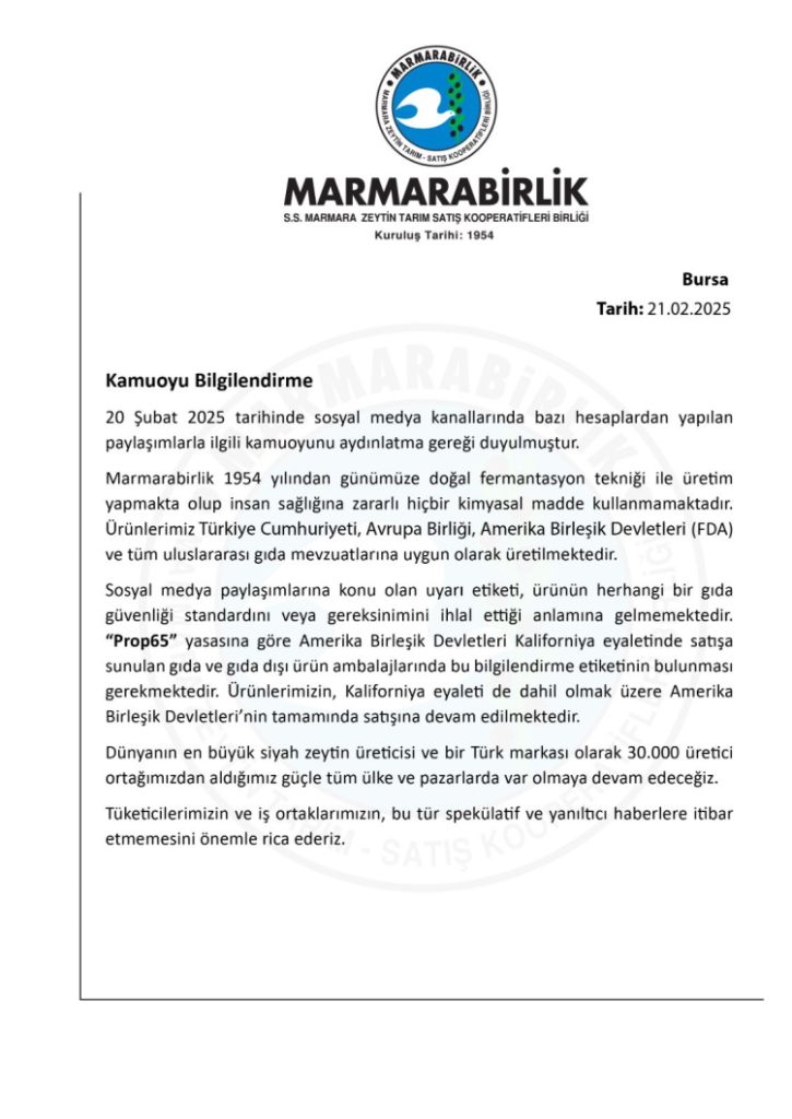Marmarabirlik’ten ABD’deki ‘uyarı etiketi’ iddialarına açıklama!