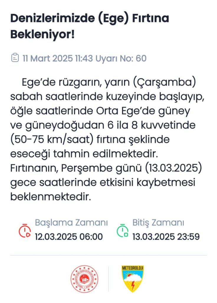 Dikkat! Ege’ye fırtına uyarısı!