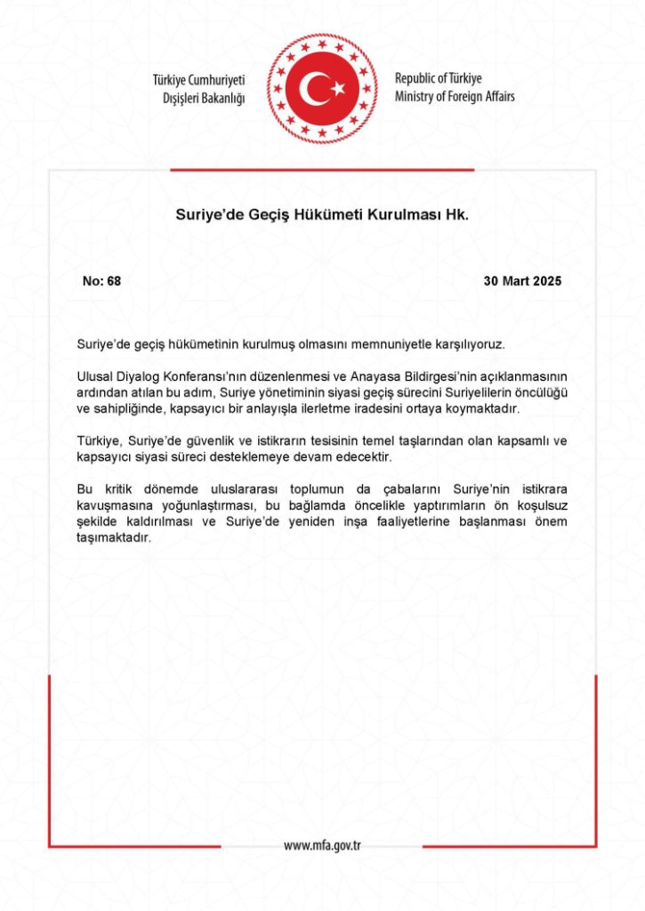 Dışişleri’nden ‘Suriye Hükümeti’ mesajı