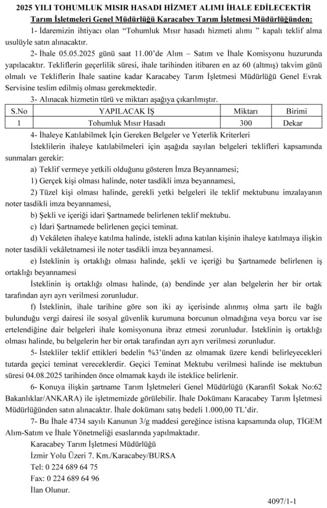 Karacabey TİGEM’den mısır hasadı ihalesi