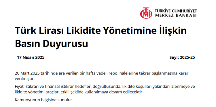 Merkez Bankası repo ihalelerine yeniden başlıyor