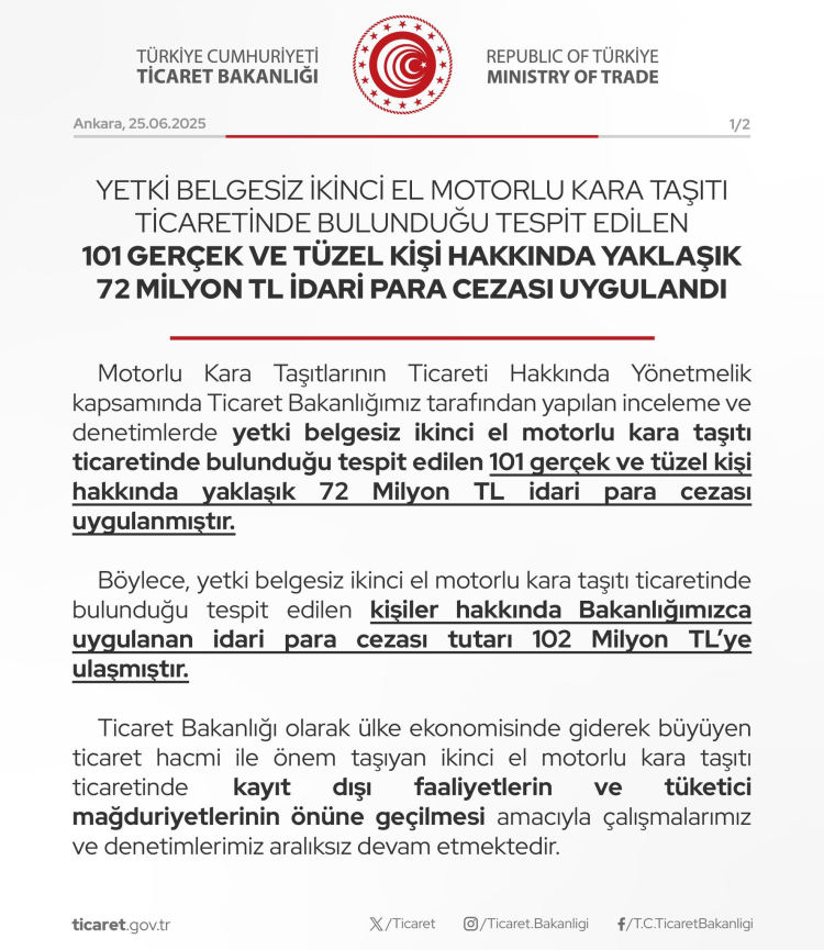 Yetki belgesiz 2. el araç ticaretine 72 milyon TL ceza